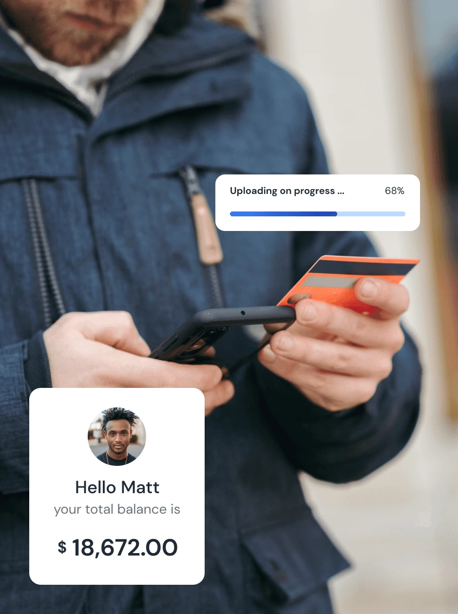 Business customer using a phone and payment card, with a digital account overview