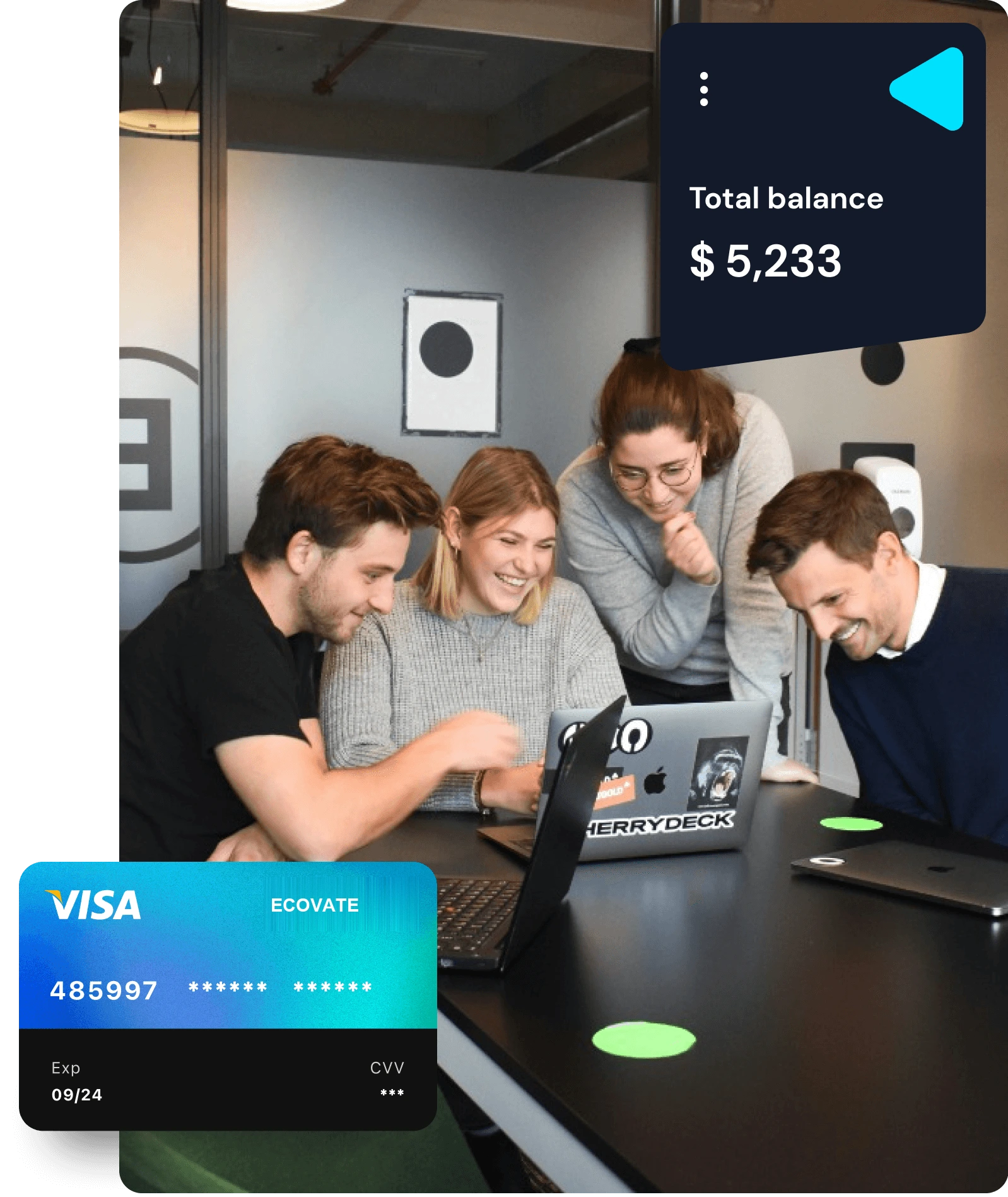 A team collaborating, with an ECOVATE payment card and digital balance overview
